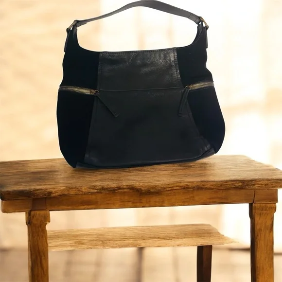 American Company Elegant Black Large Leather Suede Hobo Bag - Picture 1 of 11